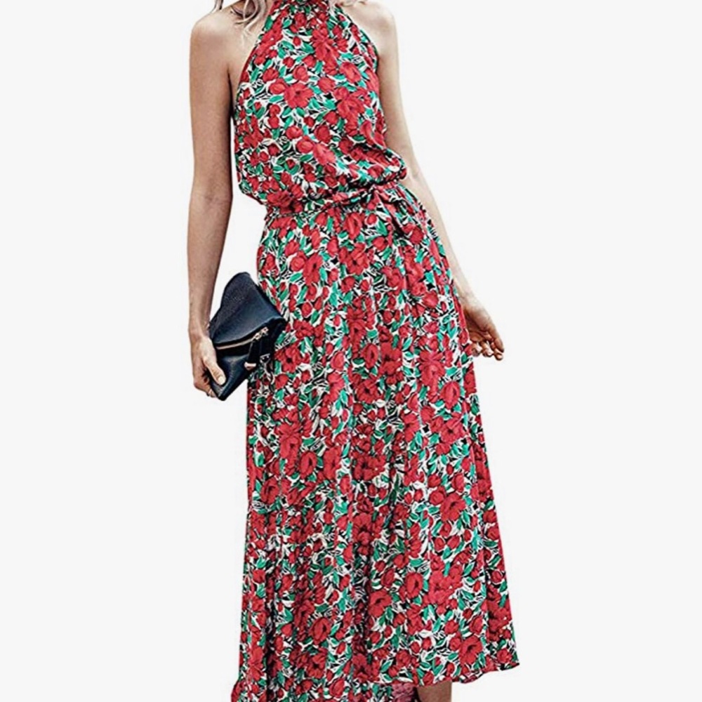 Long maxi dress red/ green: black halter top dress